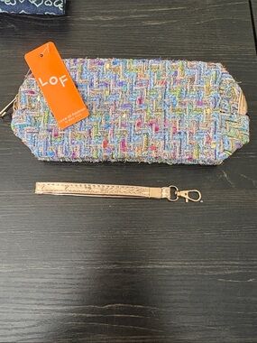 LOF Pastel Multicolor Tweed Clutch with Rose Gold Wrist Strap
